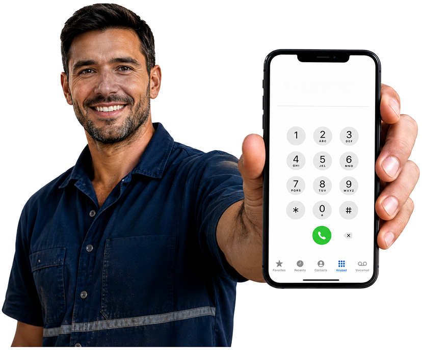 Pymble Blocked Drains plumber holding a phone — call 1300 261 965