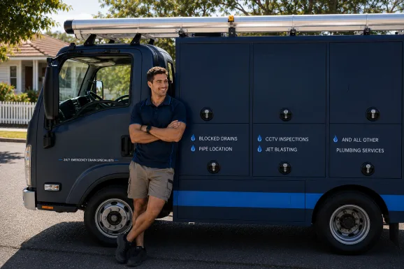 Plumber standing beside a service van in Pymble