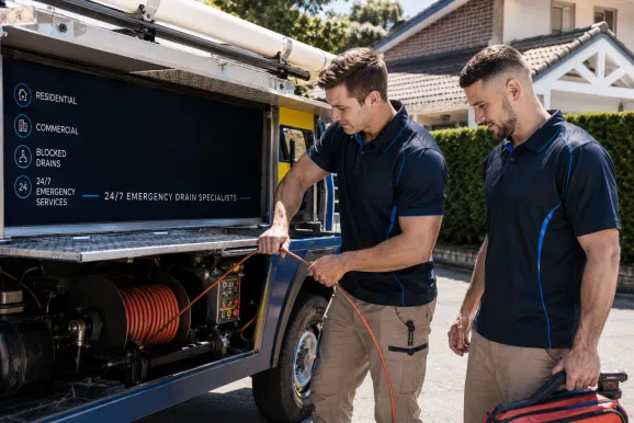 Two plumbers working on a blocked drain in Pymble