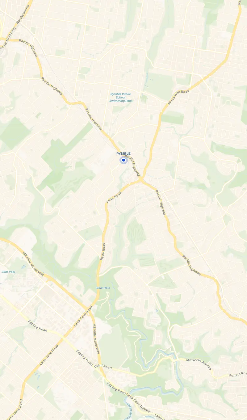 Map of the Pymble service area and the surrounding suburbs we cover.