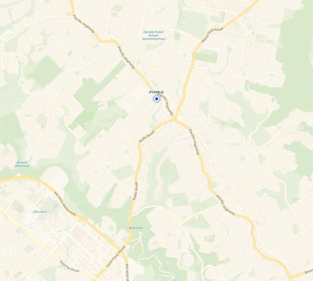 Map of the Pymble service area and the surrounding Upper North Shore, showing Pymble and the nearby streets we cover.