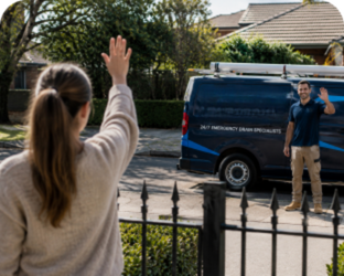 Customer waving goodbye to a Pymble Blocked Drains plumber